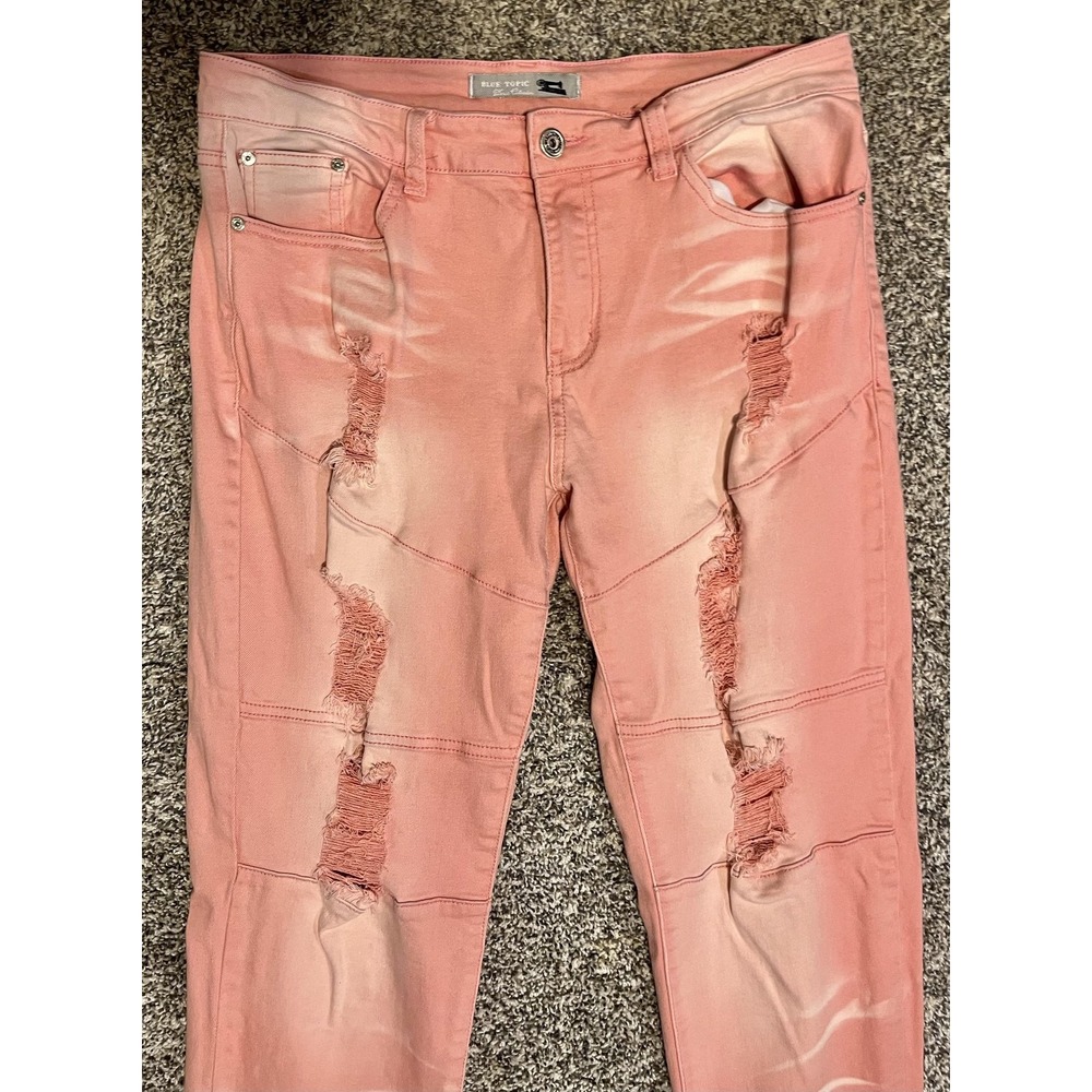 Blue Topic Jeans Juniors 11/12 Pink Distressed Skinny Mid Rise Denim Frayed Hem - Picture 2 of 7